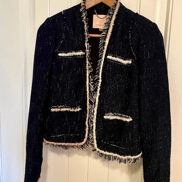 Rebecca Taylor Navy Tweed Look Jacket Fringe Accents SZ 2 Dressy - Picture 6 of 13